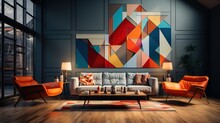 Modern Living Room Interior With Colorful Geometric Artwork