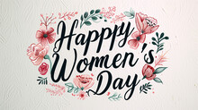 Heartfelt Message: "Happy Women's Day," Surrounded By A Ring Of Meticulously Hand-painted Leaves And Flowers