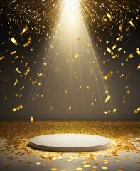 Poster - golden confetti rain on festive stage with light beam in the middle, empty room at night with copy space for award ceremony, jubilee, New Year's party or product presentations 