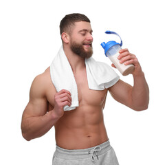 Poster - Young man with muscular body holding shaker of protein and towel on white background