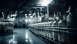 Fototapeta Perspektywa 3d - plant for the production of milk and dairy products, conveyor belt with bottles of milk