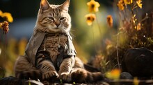 Cat Wearing A Fantasy Cloak Sits In A Field Of Flowers