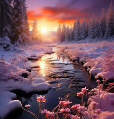 Wall Mural - A tranquil winter landscape with a flowing river and snow-covered trees