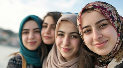 Wall Mural - group of beautiful attractive middle eastern young women looking at the camera