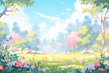 Wall Mural - Beautiful spring outdoor landscape cartoon illustration, Beginning of Spring festival concept illustration background