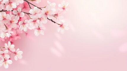 Wall Mural - Horizontal banner with pink cherry blossoms on bright background. Beautiful nature spring background with cherry blossom branch. Copy space for text - generative ai