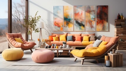 Wall Mural - Modern living room interior design with large windows and colorful abstract paintings