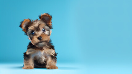 Wall Mural - Adorable yorkshire terrier puppy with curious questioning face isolated on light blue background with copy space.