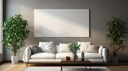 A sofa in front of a blank wall with two plants on each side