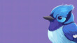 Bluejay or bluebird cartoon illustration, graphic banner with purple background and copyspace