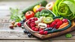 Nutritional food for heart health wellness by cholesterol diet and healthy nutrition eating with clean fruits and vegetables in heart dish by nutritionist 