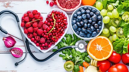 Wall Mural - Nutritional food for heart health wellness by cholesterol diet and healthy nutrition eating with clean fruits and vegetables in heart dish by nutritionist 