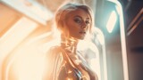 Portrait of a young blonde woman in a futuristic setting