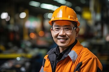 Portrait of a happy Asian male engineer wearing a hard hat in a factory