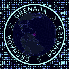 Fototapete - Grenada on globe vector. Futuristic satelite view of the world centered to Grenada. Geographical illustration with shape of country and squares background. Bright neon colors on dark background.