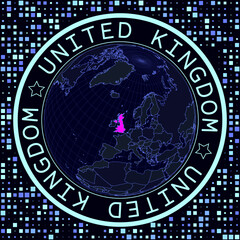 Fototapete - United Kingdom on globe vector. Futuristic satellite view of the world centered on the United Kingdom. Geographical illustration with the shape of the country and squares background.