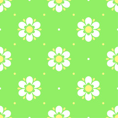 Wall Mural - White stylized flowers on geen dotted background. Vector seamless pattern. Best for textile, wallpapers, home decoration, wrapping paper, package and your design.