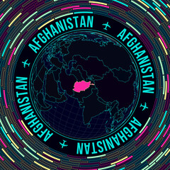 Poster - Afghanistan on globe. Satellite view of the world centered on Afghanistan. Bright neon style. Futuristic radial bricks background. Cool vector illustration.