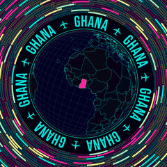 Fototapete - Ghana on globe. Satellite view of the world centered on Ghana. Bright neon style. Futuristic radial bricks background. Captivating vector illustration.