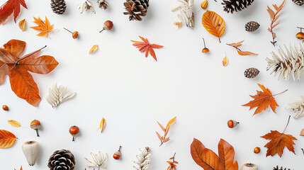 Wall Mural - Simple, clean autumn composition flat lay frame, with maple leaves and pine cones. Copyspace