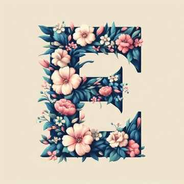 Floral letter E, vintage botanical illustration, pink and white flowers, blue leaves, intricate floral pattern, textured background, elegant typography, delicate petals, decorative initial,
