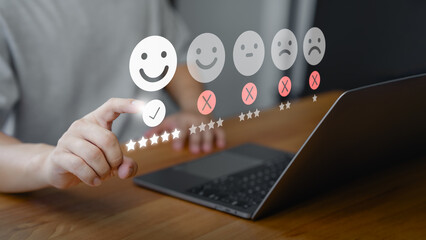 Fototapete - Customer touch virtual screen on happy smile face icon to give satisfaction in service. Business concept of customer satisfaction survey online review, assessment testimonial, rating and feedback.