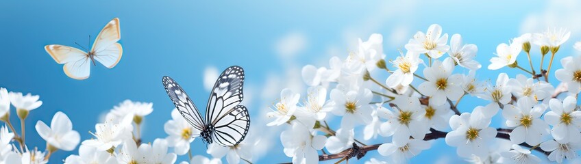  Surprisingly beautiful soft elegant white flowers with buds and yellow butterfly on blue background, macro. Exquisite graceful easy airy magic artistic image nature.