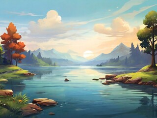 Wall Mural - lake background, design for poster, banner, flyer. ai generative design. nature theme illustration