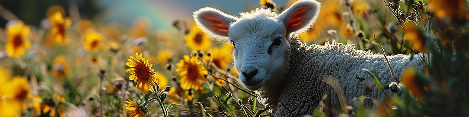 Wall Mural - Sheep in a meadow with flowers and rainbow in the background