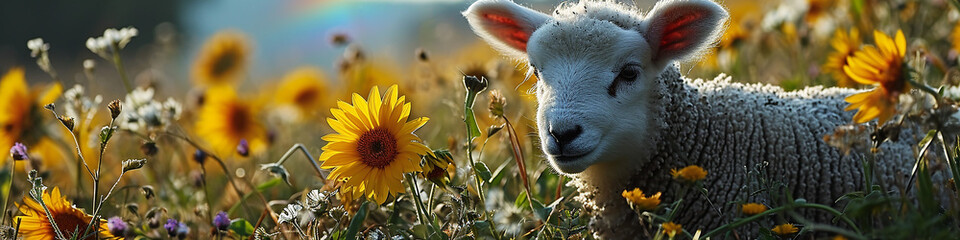 Wall Mural - Sheep on the meadow with flowers in the summer.