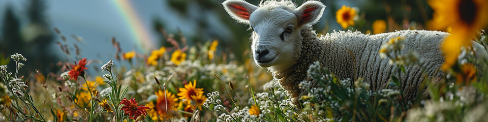 Wall Mural - Sheep on the meadow with flowers in the summer.
