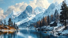 Watercolor Art Background Mountains Lake Winter, Wallpaper Pictures, Background Hd