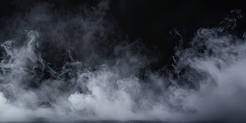 Enigmatic smoke elegance. Captivating composition of abstract black background with wisps of textured motion white light and ethereal mist creating dreamy and mysterious atmosphere