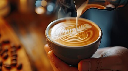 Close-up of professionally extracting coffee by barista with a pouring steamed milk into coffee cup making beautiful latte art. coffee, extraction, deep, cup, art, barista concept