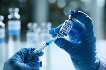 Male doctor hand wears medical glove holding syringe and vial bottle with covid 19 corona virus vaccine drug multiple dose for injections. Coronavirus, Generative AI 