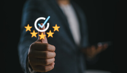 Poster - Hand with thumb up and shows the sign of the top service Quality assurance, ISO certification and standardization concept, satisfaction, service experience, good product, Guarantee, Standards..