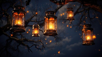 Wall Mural - Lantern with night sky. Lantern with candles hanging from branches. Garden decor