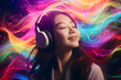 asian woman wearing headphones, enjoying music flow, feeling emotions in vibrant colour vibes, colourful dynamic sound waves and abstract digital light effects covering her hair