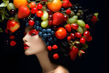 abstract studio portrait of woman wearing fruit on her head