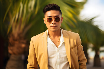 Wall Mural - portrait of a stylish modern asian man wearing elegant high-fashion clothes on vacation