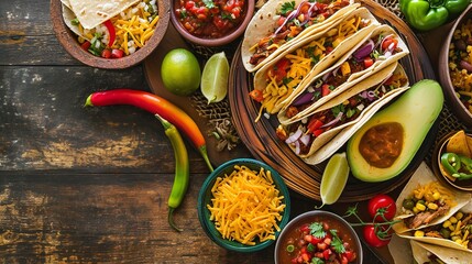 Wall Mural - Mexican tacos topped with salsa, meat, and vegetables on a wooden board, Generative AI.