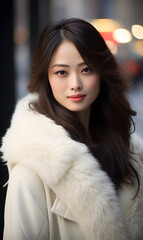 Wall Mural - portrait of beautiful Japanese model wearing luxury winter coat on street