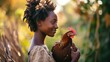 Portrait of a happy woman farmer holding a chicken in her hand, Generative AI.