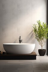 Sticker - Bathroom interior with a modern bathtub and a plant