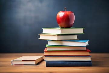 Stack books, textbooks, red apple on black chalkboard background. Preparation for school. The concept of Back to School.