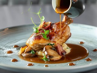 Wall Mural - Crispy free range half chicken, thick-cut bacon, sautéed mushrooms, pommes purée, chicken au jus served at this fine dining restaurant