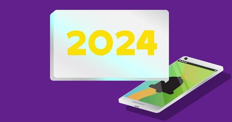 Poster - Number 2024 on notification bubble from portable information device screen. Mobile app message, connection, communication concept. Animated video.