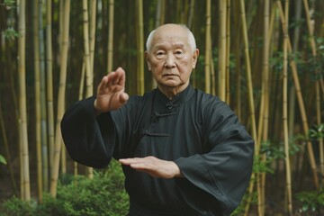 Wall Mural - Elderly Asian man practicing qigong in a tranquil bamboo forest