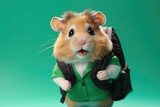 Fototapeta  - A schoolboy hamster with a backpack on green background.