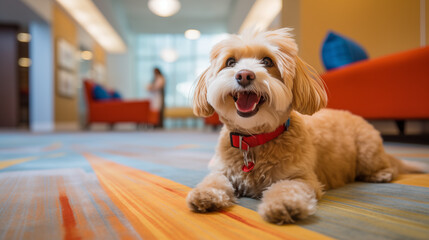 Cute small dog on a floor of a pet friendly hotel lobby.